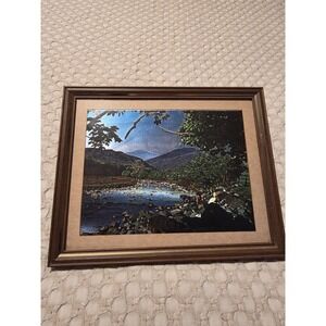 Vintage Color Etch Foil Art‎ Print Mountain Landscape. Wood Frame